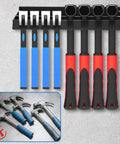 Wall Mount Screwdriver Organizer And Pliers Holder With Hammer Rack in carbon steel, shown with tools installed on gray wall.