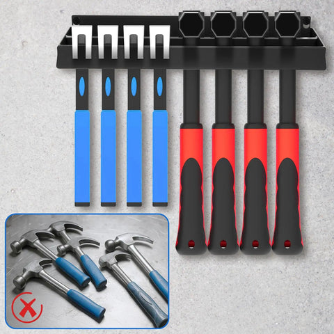 Wall Mount Screwdriver Organizer And Pliers Holder With Hammer Rack in carbon steel, shown with tools installed on gray wall.