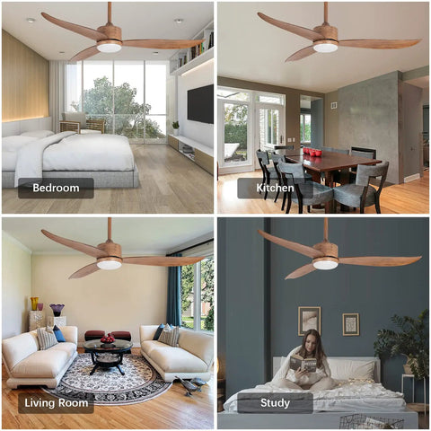 52 Inch Indoor And Outdoor Ceiling Fan With Remote Control Quiet Reversible DC Motor 3 ABS Blades Wood Texture Finish in bedroom, kitchen, living room, and study.