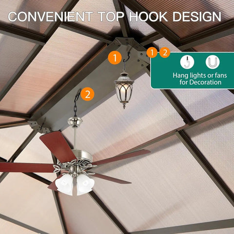 Interior view of 13X10 Ft Hardtop Gazebo With All Weather Aluminum Frame And Double Polycarbonate Roof showing top hook design.