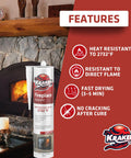 High Temp Fire Sealant Caulk For Ovens, Stoves, And Chimneys, 2732F Heat Resistance, tube near fireplace, product features listed