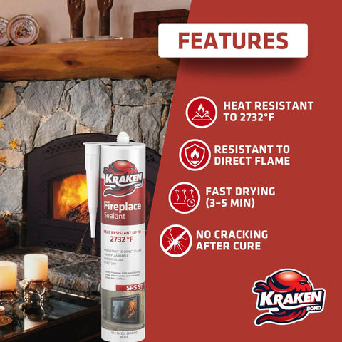High Temp Fire Sealant Caulk For Ovens, Stoves, And Chimneys, 2732F Heat Resistance, tube near fireplace, product features listed