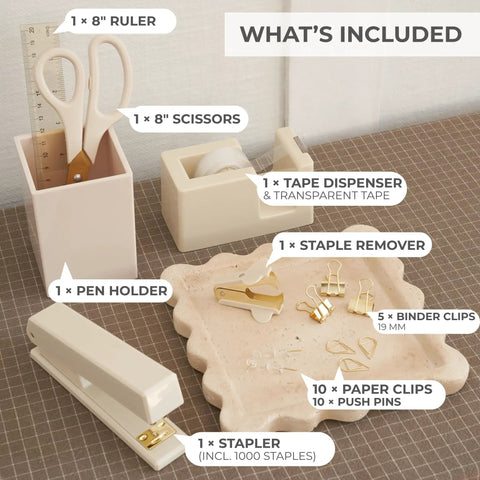 Aesthetic Desk Accessories Set Complete Desktop Organizer For Women with gold finish pen holder, scissors, stapler, tape dispenser