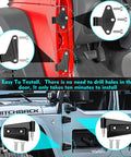 Heavy Duty Four Door Hinge Assembly Kit For 2007 To 2018 Jeep Wrangler JK JKU Unlimited showing installation parts and screws.