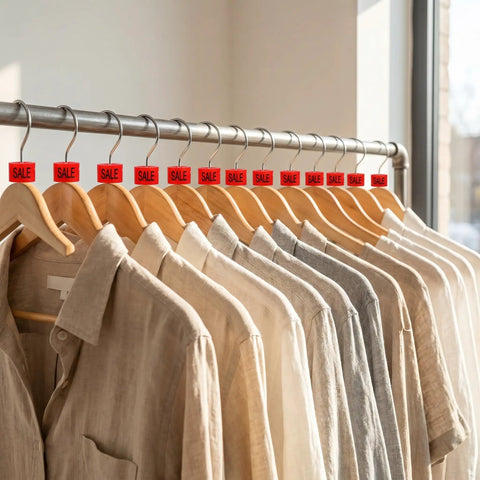 Red Sale Hanger Markers 200 Pcs High Visibility Coding Tags for wire and metal hangers displayed on wooden hangers in retail store
