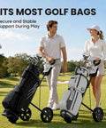 Top Shelf Two Wheel Golf Pull Cart Lightweight Foldable Push Cart Built From Heavy Duty Steel With Quick Adjust Straps providing secure support for golf bags.