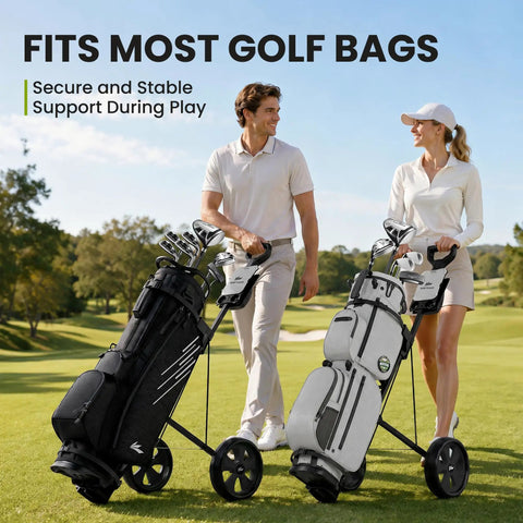 Top Shelf Two Wheel Golf Pull Cart Lightweight Foldable Push Cart Built From Heavy Duty Steel With Quick Adjust Straps providing secure support for golf bags.
