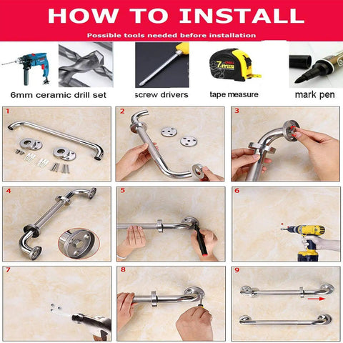 Installation guide for Brushed Nickel Shower Grab Bar 16 Inch with 1.25 Inch Diameter Stainless Steel Safety Assist Hand Rail, Wall Mounted