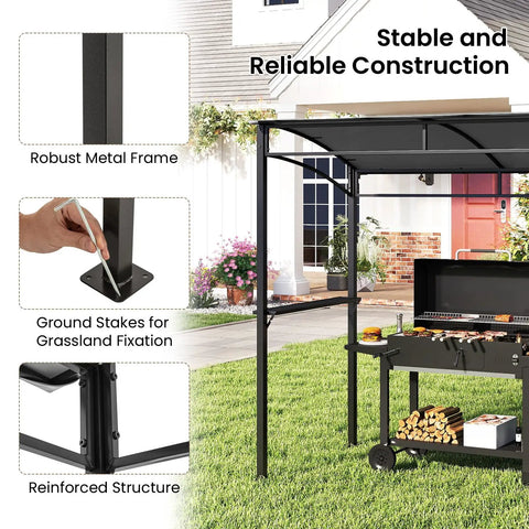 Stable 7 Foot Grill Gazebo With Serving Shelf And Storage Hooks Curved Canopy Shelter With Heavy Duty Steel Frame