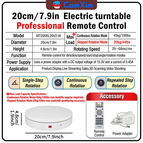 Ultra Smooth 7.9 Inch Motorized Electric Turntable Rotating Display Stand For Product Photography With Remote Control and 360 Degree spinning platform.