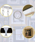 Picture Rail Hanging Kit With Six White Rail Hooks And A 72 Inch Invisible Cord displayed with art gallery images.