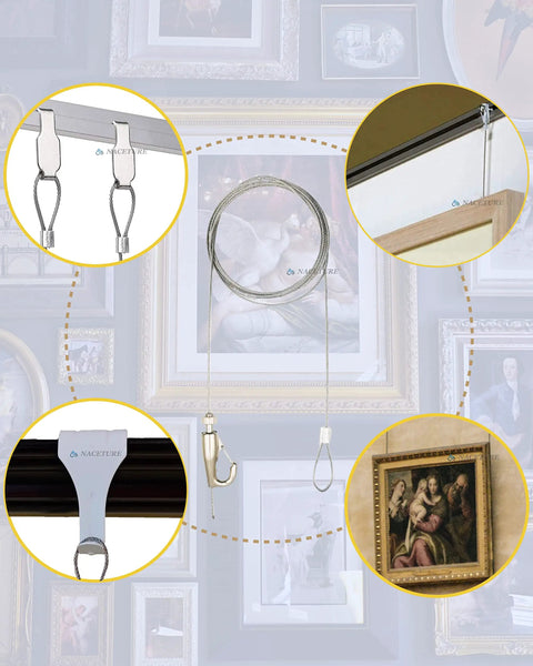 Picture Rail Hanging Kit With Six White Rail Hooks And A 72 Inch Invisible Cord displayed with art gallery images.