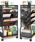 8 Tier Rolling Book Cart With Wheels For Narrow Spaces, Two Sided Access Bookcase, Mobile Storage Cart For Home Office Living Room Classroom And School, Heavy Duty Metal And Wood Shelving On Wheels with books and supplies on display
