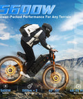 Badass Heavy Duty Beast Mode Electric Bike For Adults, 5600W Dual Motor, 60V 80Ah Battery With 240 Mile Range, 50 Mph Speed, 26x4.0 Fat Tire Full Suspension Ebike riding on rugged terrain with power performance.