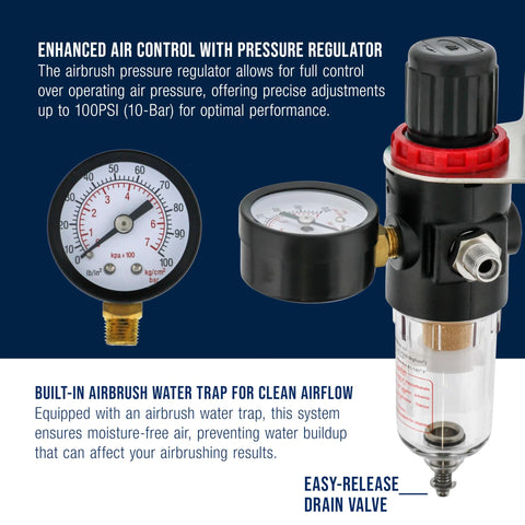 Master Airbrush pressure regulator with gauge and built-in water trap; black body with clear moisture jar