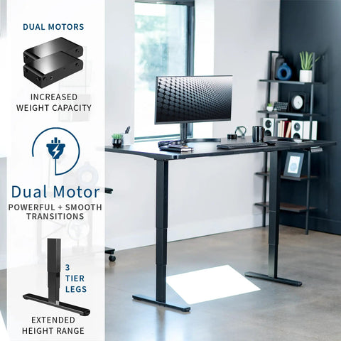 Vivo Black Standing Desk 71 By 36 Inches Electric Height Adjustable Sit Stand Workstation showcasing dual motor system in modern home office.