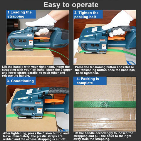 Step-by-step operation guide for Heavy Duty Portable Electric Strapping Machine With Dual Batteries For Pet Strap.