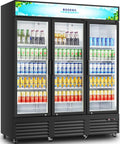 Real Deal 53 Cu Ft Three Door Commercial Display Refrigerator For Bodegas Beverage Merchandiser Cooler with drinks on shelves.