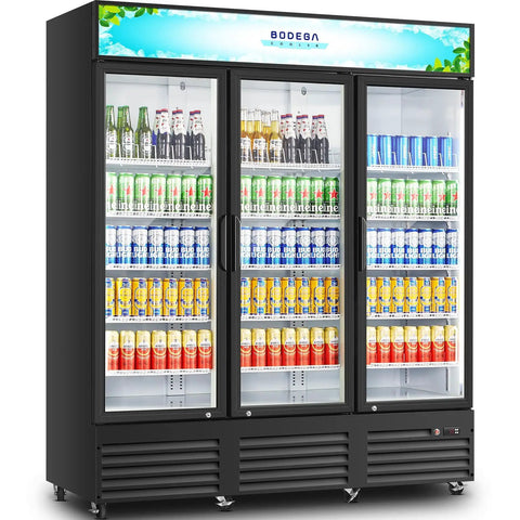 Real Deal 53 Cu Ft Three Door Commercial Display Refrigerator For Bodegas Beverage Merchandiser Cooler with drinks on shelves.