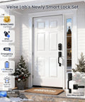 Front view of Smart Fingerprint Front Door Lock Set With App Control, Eight In One Keyless Entry Deadbolt on a white door.