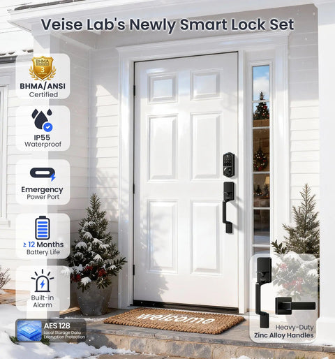 Front view of Smart Fingerprint Front Door Lock Set With App Control, Eight In One Keyless Entry Deadbolt on a white door.