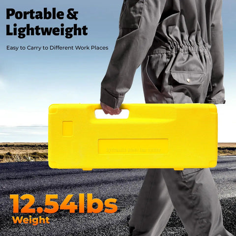 Heavy Duty 13 Ton Manual Hydraulic Rebar Cutter For Copper Wires And Cables Up To 22mm With Box lightweight yellow carrying case being held.