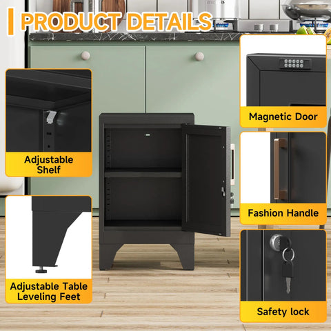 Beefy Steel Nightstand With A Tight Locking Door And Adjustable Shelf Slick Black Metal Bedside Cabinet For Bedroom Home Office Keeping Your Stuff Secure showing adjustable shelf and magnetic door.