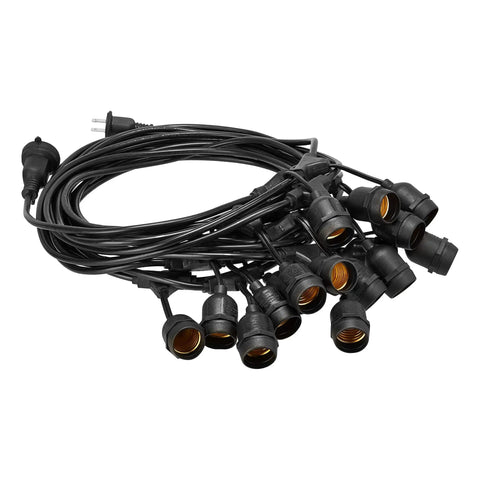 Coiled black cord with 16 empty sockets for Outdoor LED String Lights 48 Feet With 16 Edison Style S14 2700K Soft White Bulbs