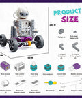 24-In-1 STEM Circuit Robot Kit For Kids Ages 8 To 12, Educational Robotics Toys showing assembled robot with parts list and dimensions