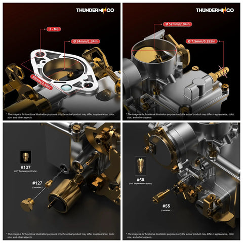Detailed view of 34 Pict-3 Dual Port Carburetor components for 1600cc VW air cooled engines, highlighting measurements and parts.