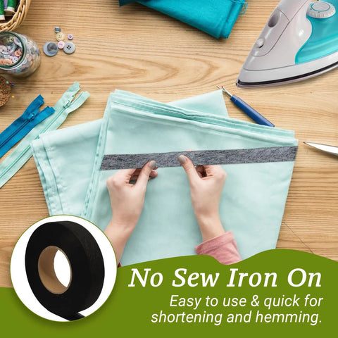 Iron On Hemming Tape 1 Inch Wide No Sew Adhesive For Pants, Clothing, And DIY Crafts, 140 Yards Total Black And White Pack in use for fabric hemming.