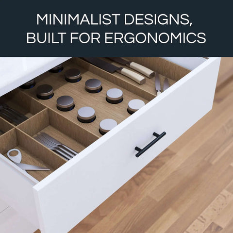 Open drawer with Black Finish Stainless Steel Cabinet Drawer Pull, Modern T Bar Handle, utensils inside