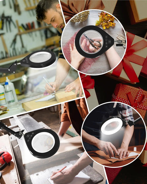 Hands Free Desk Magnifier With Light 10X And 5X Real Glass Anti Glare Lens, 5 Color Mode Stepless Dimmable LED Clamp Lamp