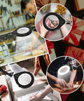 Illuminated 10X And 5X Magnifier With Dimmer Lamp, 10 Level Brightness, showing use in crafting and detailed workbench tasks.