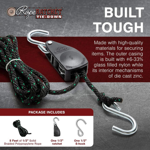 Heavy Duty Rope Ratchet 1/2 Inch With Locking Pulley Adjustable Hanger for grow lights canopies shown with packaging details