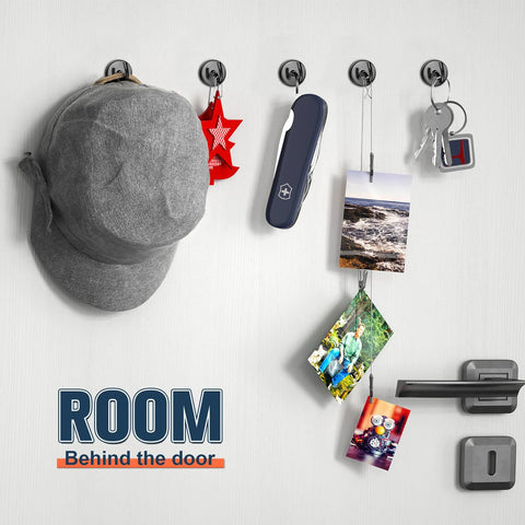 Heavy Duty Magnetic Hooks 80 Lb Capacity With Neodymium Grade 5 Magnets And Steel Construction, holding hat, photos, keys on door.