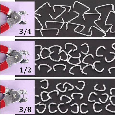 900 Pcs Galvanized Hog Rings Three Quarters Inch One Half Inch Three Eighths Inch Assorted Kit With Pliers visible.