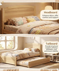 Solid Pine Twin Bed Frame With Pull Out Trundle, showing headboard and tailboard, natural wood finish, decorative kids bedding.