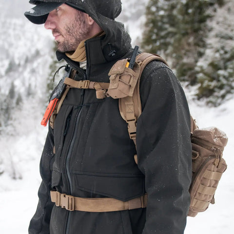 Person wearing outdoor gear with H2O Bottle Pouch With Padded Main Compartment And Front Pocket, durable black carrier for EDC