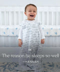 Smiling baby in Wearable Baby Blanket Sleep Sack For Safe Sleep And Cozy Nights, 100 Percent Cotton Swaddle Transition Bag TOG 0.5 In Sage