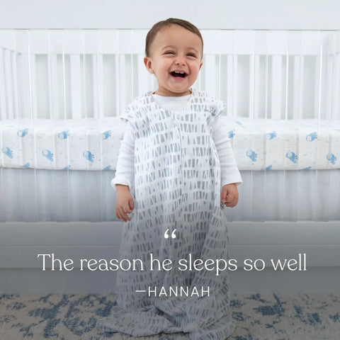 Smiling baby in Wearable Baby Blanket Sleep Sack For Safe Sleep And Cozy Nights, 100 Percent Cotton Swaddle Transition Bag TOG 0.5 In Sage