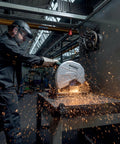 Worker using 14-Inch Metal Chop Saw With Quick Clamp And Variable Mitre For -15 To 45 Degree Cuts, Beast Mode Heavy Duty Cutter For Steel, Aluminum And Iron, Ergonomic Long Handle For Max Power, Model CS 22-355 in workshop