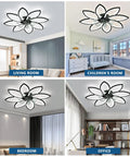 Four rooms showcasing Slick Low Profile Flush Mount Ceiling Fan With Light, White Modern Bedroom Fan in living, kid's, bedroom, and office.