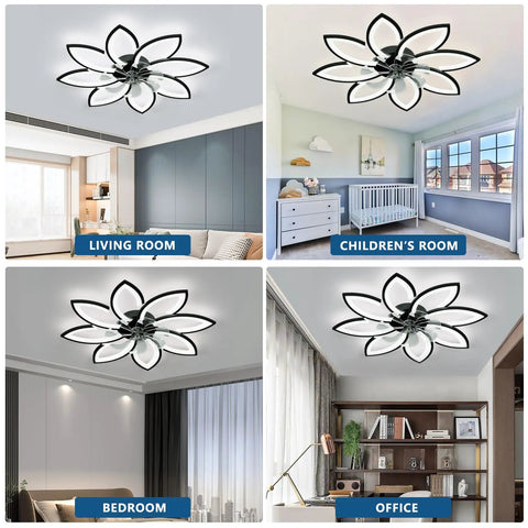 Four rooms showcasing Slick Low Profile Flush Mount Ceiling Fan With Light, White Modern Bedroom Fan in living, kid's, bedroom, and office.