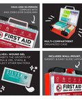 Be Smart Get Prepared OSHA/ANSI 50-person first aid kit in red portable case with multi-compartment design and 250 pieces