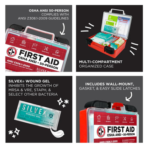 Be Smart Get Prepared OSHA/ANSI 50-person first aid kit in red portable case with multi-compartment design and 250 pieces