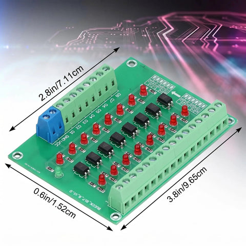 Eight Channel Optical Isolation Module For 24V To 5V Level Conversion With NPN Output PLC Signal Converter Board, dimensions illustrated