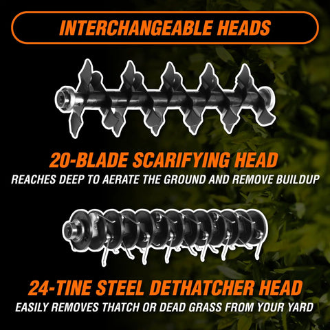 Two In One Electric Dethatcher And Scarifier with 20-blade scarifying head and 24-tine steel dethatcher head.