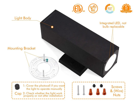 Diagram of 3 Color LED Outdoor Wall Light With Dusk To Dawn Photocell All In One 24W, showing components like light body and mounting bracket