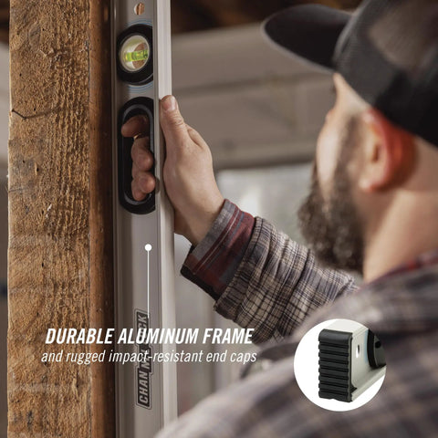 Person using Heavy Duty 72 Inch Aluminum I Beam Level With Three High Contrast Vials And Clear Top View Window for accuracy.